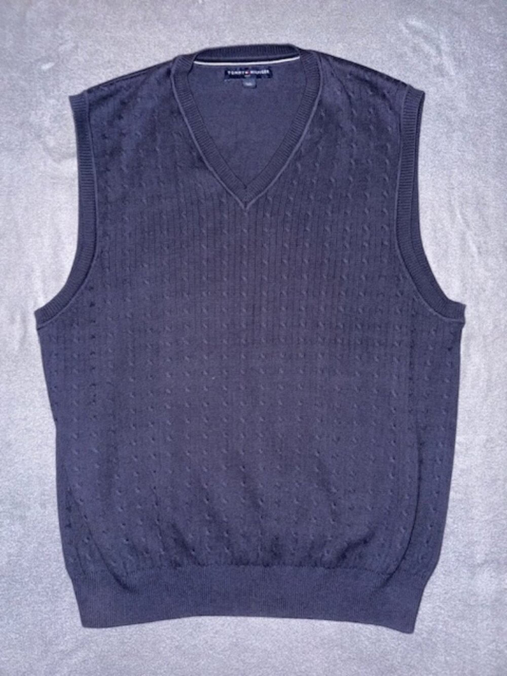 Tommy Hilfiger Golf Sweater Cotton Vest Navy Blue V‑Neck Cable Knit Size L